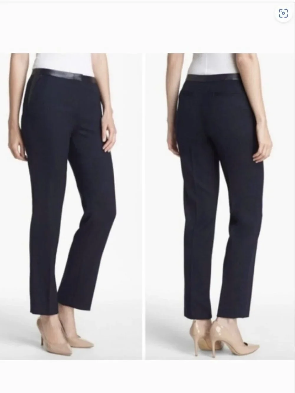 Tory Burch Christy Wool Blend Navy Trouser Pants Lambskin Leather Trim Size 4